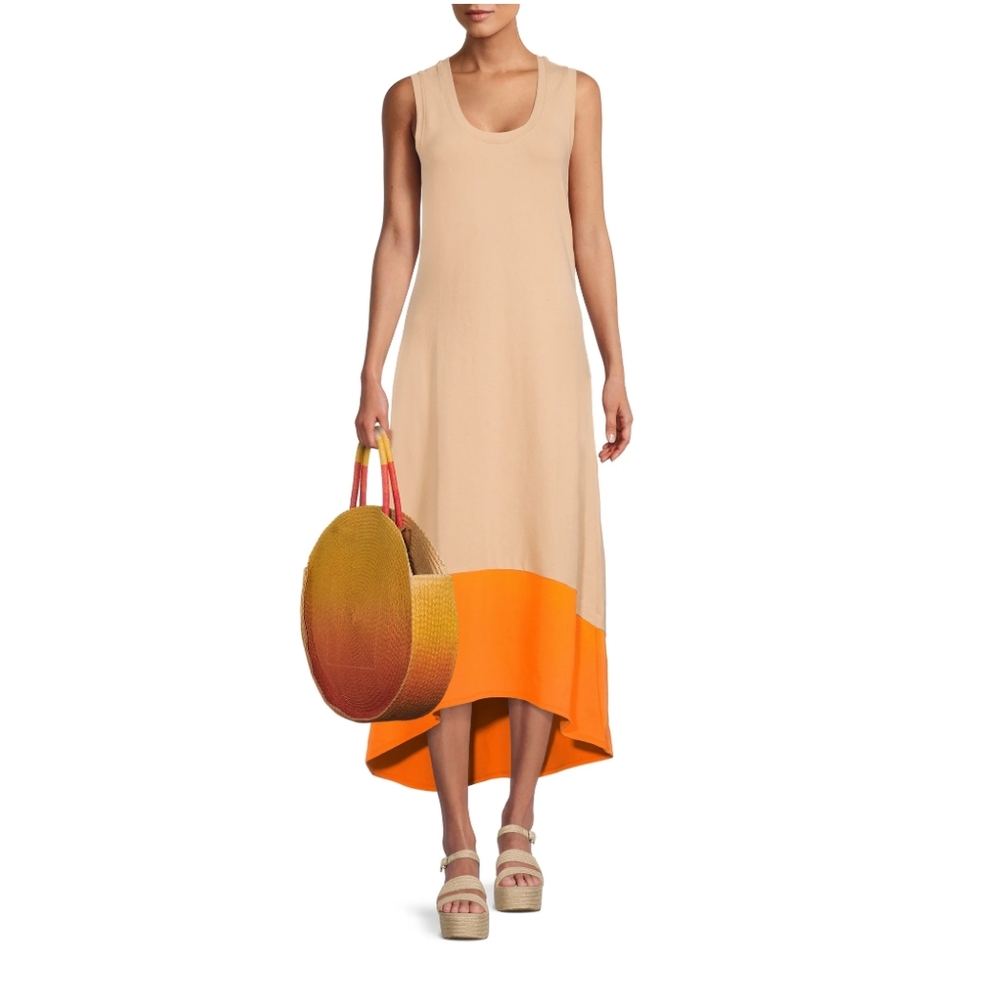 Time and Tru Women’s Pique Knit Dress with High Low Hem -Hot Cocoa/Orange Spirit